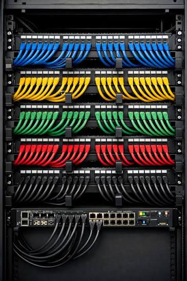 Rack de red con cableado estructurado ordenado
